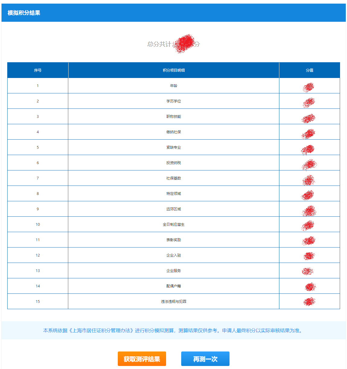 2023年上海居住證積分模擬打分計(jì)算器